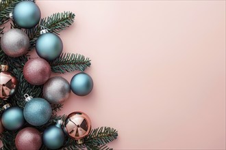 Christmas flatlay with blue and pink colored tree baubles and fir branches on pink background with