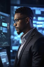 Black african american male it specialist engaged in analyzing data for cyber security, AI