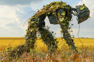 Vegetable humanoid robot working in a crop field, AI generated