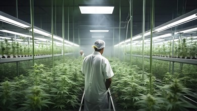 Cannabis cultivation facility in flourishing condition neatly arranged rows of vibrant green