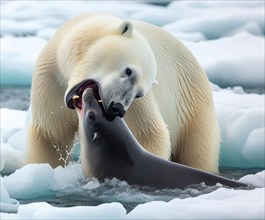 A polar bear at an ice hole hunting for a seal in the Arctic, AI generated, AI generated