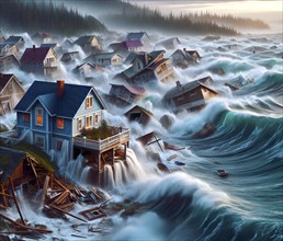 A monster wave, a tsunami, floods and destroys the houses of a village, climate change, climate