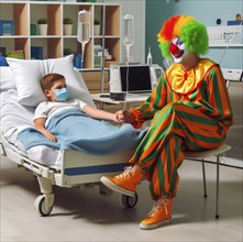 A clown, a clinic clown, in mask, red nose and costume with a sick child in the clinic, AI