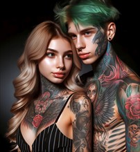 Tattoo, a couple, a heavily tattooed young man and a heavily tattooed young woman with percings, AI