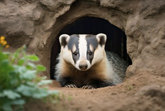 Animal portrait, European badger (Meles meles) sticks its head out of its cave, AI generated, AI