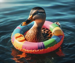 A duck bathes in the water with a swimming ring, AI generated, AI generated