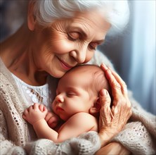 A grandmother tenderly embraces the head of her grandchild, a baby, symbolic image family,