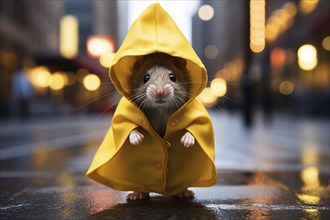 Small mouse with yellow rain cape in rainy street. KI generiert, generiert AI generated