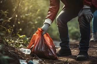 Person collecting trash in nature. KI generiert, generiert AI generated