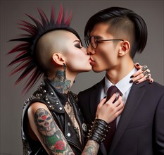 A female punk with a punk hairstyle, mohawk, leather clothes and tattoos kisses a solid young man