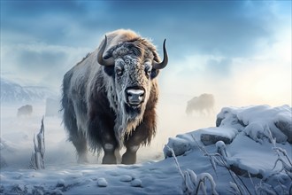 Large male bison covered with ice walking in snow, AI generated