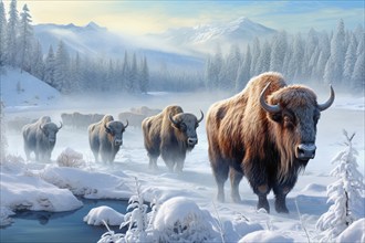 Herd of bison covered with ice walking in snow, AI generated