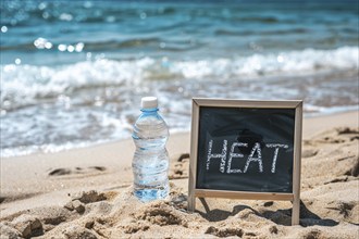 Water bottle next to chalkboard with text 'heat' at beach. KI generiert, generiert, AI generated