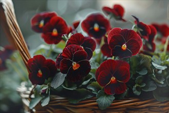 Beautiful dark burgundy red pansy flowers in basket. KI generiert, generiert, AI generated