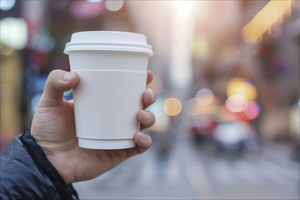 Man's hand holding white disposable coffee cup with blurry city in background. KI generiert,