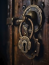 Detail of an old rusted lock on a wooden door, AI generated