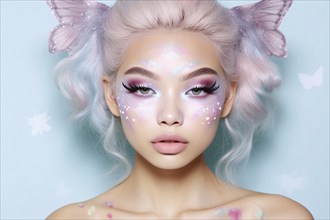 Woman with beautiful fairy makeup and pastel colored hair with butterfly headwings on pastel blue