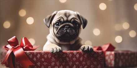 Cute pug dog in Christmas gift box. KI generiert, generiert, AI generated