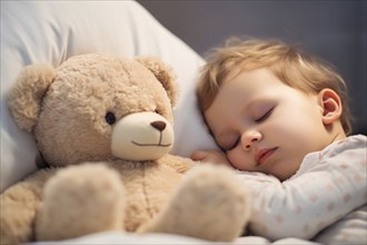 Young child sleeping next to plush teddy bear. KI generiert, generiert, AI generated