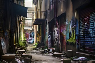 Narrow city alley walls adorned with graffiti narratives of resistance and decay, AI generated