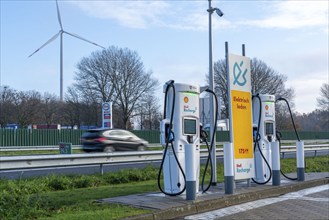 Motorway filling station, electric charging station, Power Charger, Shell Recharge, on the A76,