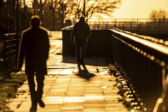 Man, elderly, walking on a pavement, a second man follows him, into the setting sun, long cast