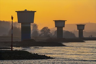 Rhine at Duisburg-Bruckhausen, towers of the water extraction facilities of ThyssenKrupp Steel