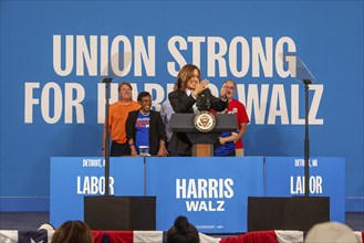 Detroit, Michigan, USA, 2 September 2024, With labor leaders on the stage, Presidential candidate