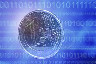 Symbolic image of the digital euro: one-euro coin against a virtual background