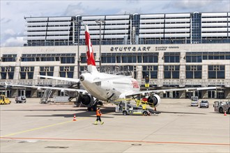 A Swiss Airbus A320 aircraft with the registration HB-IJI at Stuttgart Airport, Germany, Europe