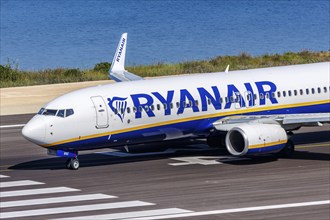 A Ryanair Boeing 737-800 aircraft with the registration SP-RSC at Corfu Airport, Greece, Europe