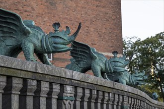 Bronze statues, dragons in front of the Radhus, City Hall, Copenhagen, Denmark, Europe