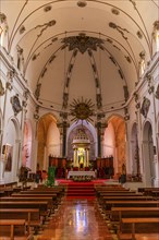 Nave and chancel of the Cathedral of Santa Maria de la neu, in the old town of Eivissa, Ibiza Town,