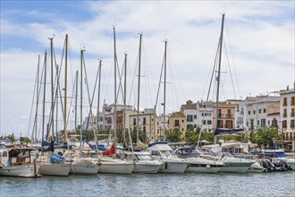 Sailing yachts anchored in the harbour of Eivissa, Ibiza Town, Ibiza, Balearic Islands,