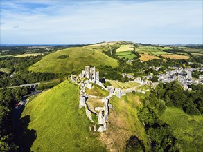 Ruins of Corfe Castle from a drone, Corfe Village, Purbeck Hills, Dorset, England, United Kingdom,