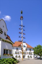 Town hall with maypole, Kisslegg, Upper Swabia, Allgäu, Baden-Württemberg, Germany, Europe