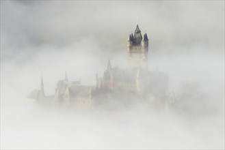 View of the Reichsburg castle near Cochem in dense fog, Moselle, Rhineland-Palatinate, Germany,