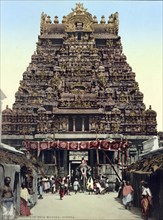 South India. Gopuram or Gopura, a monumental entrance tower, usually ornate, at the entrance of a