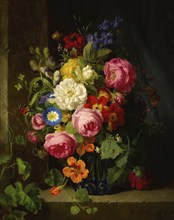 Still life with flowers in a blue crystal vase, painting by Josef Lauer (1818, 1881), Austrian