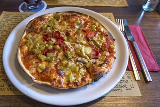 Pizza Vegitaria served at the table, Bavaria, Germany, Europe