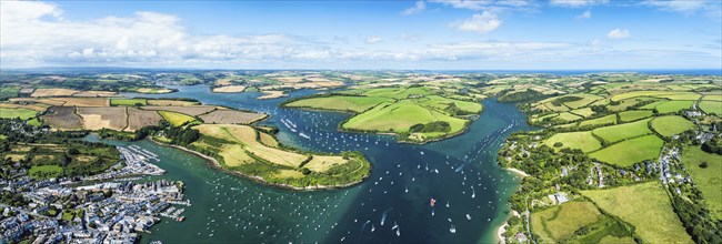 Panorama of Salcombe and Mill Bay over Kingsbridge Estuary from a drone, Batson Creek, Southpool