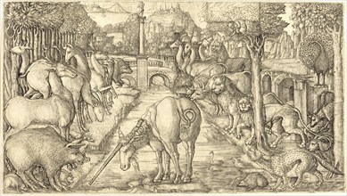 The unicorn purifies the water with its horn, 1555, Jean Duvet, France, Historic, digitally