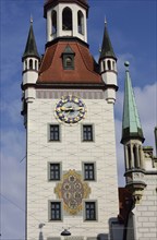 Europe, Germany, Bavaria, Munich, City, Marienplatz, Old Town Hall, Tower and clock tower, View