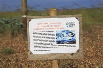 Suffolk Wildlife Trust sign about roped off nesting sites for birds, Shingle Street, Suffolk,