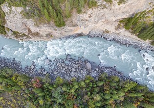 Mountain landscape with river in a narrow mountain valley in autumn, Little Naryn or Kichi-Naryn,