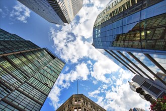 Boston downtown financial district and city skyline at a bright sunny day