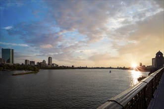 USA, Panoramic view of Boston skyline and downtown from Longfellow bridge over Charles River, North