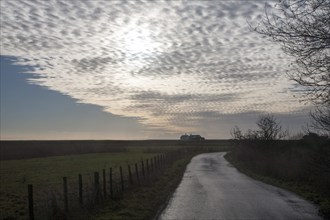 A mackerel sky or buttermilk sky of altocumulus clouds over Shingle Street, Suffolk, England,