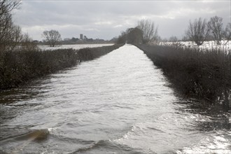 Flooding on the Somerset Levels, England in February 2014, road to Muchelney impassable at Huish