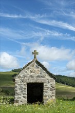 Small chapel in the Cezallier plateau, nestled in the Auvergne Volcanoes Regional Natural Park, Puy